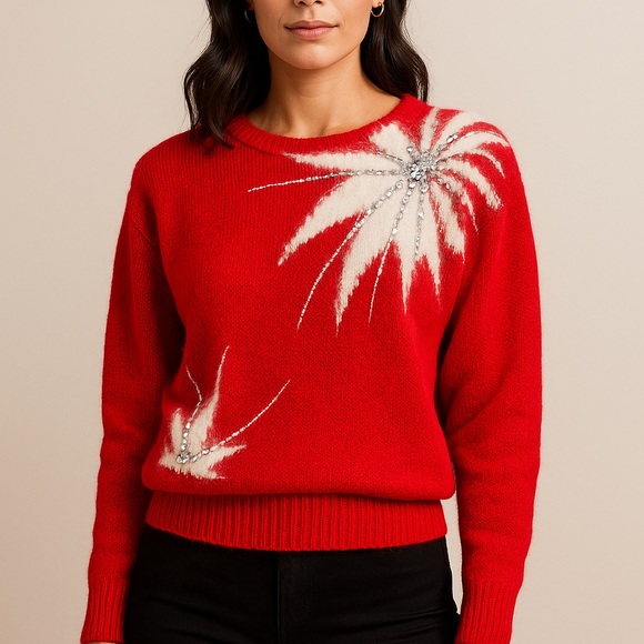 Vintage Nordstrom Town Square Red Embellished Sweater M 80s Sequin Angora Blend - Picture 2 of 7